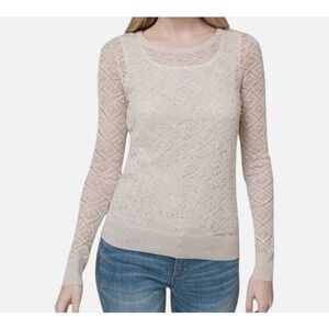 Y2K Crochet Sweater Embellished‎ Pearls Sequins Blouse Womens Small Cream Top